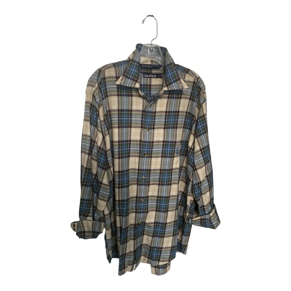 Nautica Blue Cream Plaid Mens Sz L Corpcore Casual Button Down Long Sleeve Shirt - Picture 1 of 8